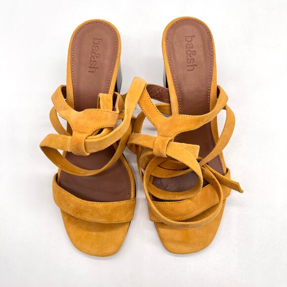 BA&SH Cequoia Strappy Heeled Sandal Women 39 Yellow Suede Block Stacked heel NEW - Picture 5 of 15
